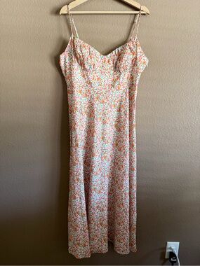 Princess Polly Amara White Floral Midi Dress with Pink & Orange Flowers Size 12